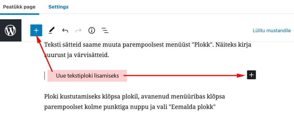 tekstiplokkide lisamine wordpressis